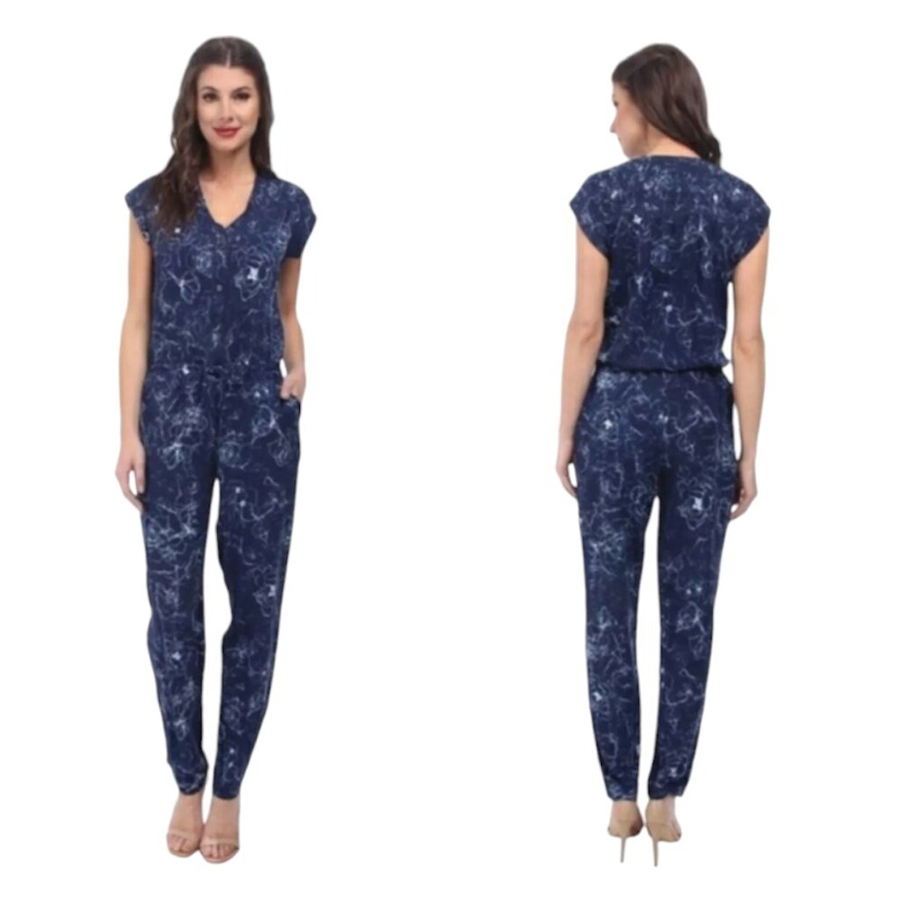 SAM EDELMAN Jumpsuit, Blue White Floral Sleeveless Button Down Tie Front, 4